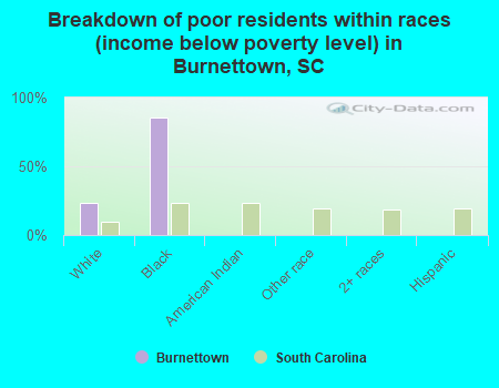 Breakdown of poor residents within races (income below poverty level) in Burnettown, SC