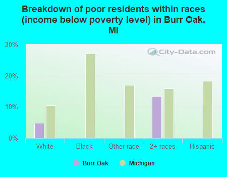 Breakdown of poor residents within races (income below poverty level) in Burr Oak, MI