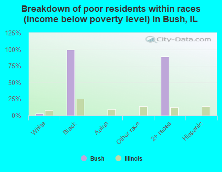 Breakdown of poor residents within races (income below poverty level) in Bush, IL