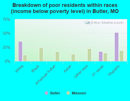 Breakdown of poor residents within races (income below poverty level) in Butler, MO