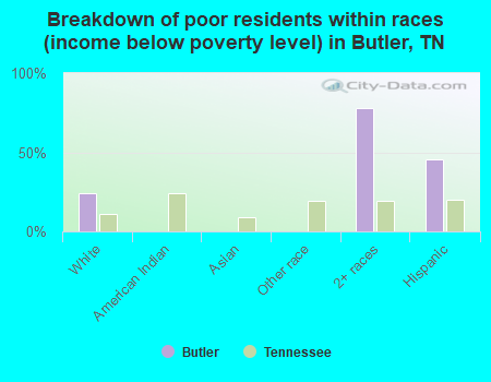 Breakdown of poor residents within races (income below poverty level) in Butler, TN