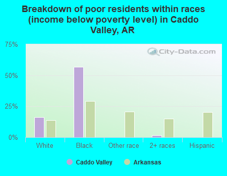 Breakdown of poor residents within races (income below poverty level) in Caddo Valley, AR