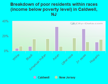 Breakdown of poor residents within races (income below poverty level) in Caldwell, NJ