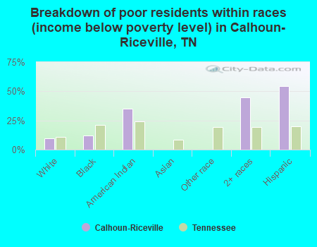 Breakdown of poor residents within races (income below poverty level) in Calhoun-Riceville, TN