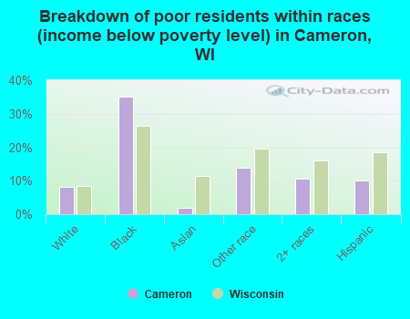 Breakdown of poor residents within races (income below poverty level) in Cameron, WI