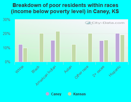 Breakdown of poor residents within races (income below poverty level) in Caney, KS