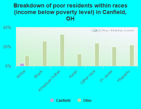 Breakdown of poor residents within races (income below poverty level) in Canfield, OH
