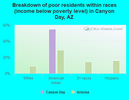 Breakdown of poor residents within races (income below poverty level) in Canyon Day, AZ