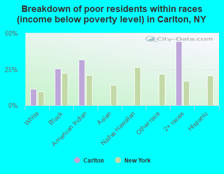 Breakdown of poor residents within races (income below poverty level) in Carlton, NY