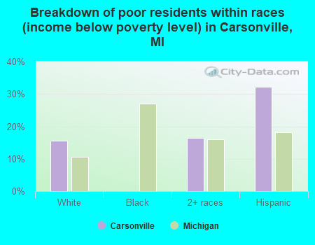 Breakdown of poor residents within races (income below poverty level) in Carsonville, MI