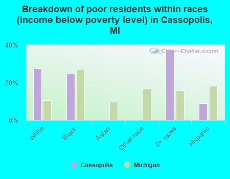 Breakdown of poor residents within races (income below poverty level) in Cassopolis, MI