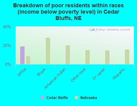 Breakdown of poor residents within races (income below poverty level) in Cedar Bluffs, NE