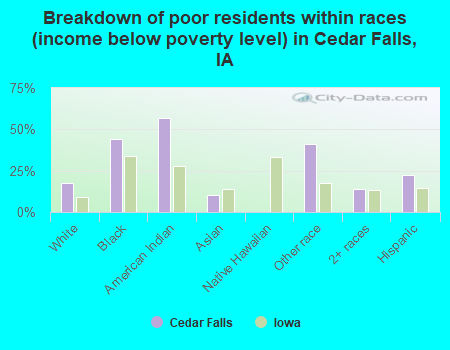 Breakdown of poor residents within races (income below poverty level) in Cedar Falls, IA