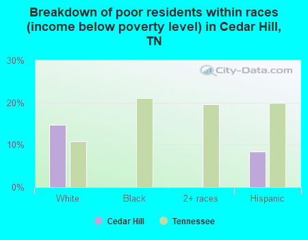 Breakdown of poor residents within races (income below poverty level) in Cedar Hill, TN