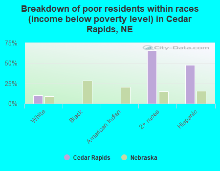 Breakdown of poor residents within races (income below poverty level) in Cedar Rapids, NE