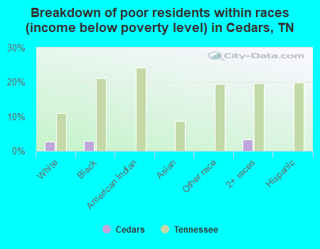 Breakdown of poor residents within races (income below poverty level) in Cedars, TN