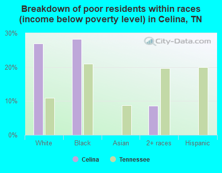 Breakdown of poor residents within races (income below poverty level) in Celina, TN