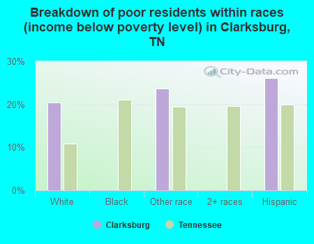 Breakdown of poor residents within races (income below poverty level) in Clarksburg, TN