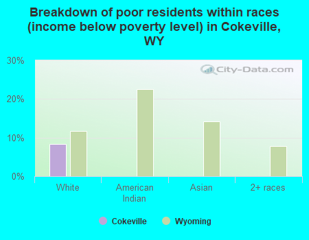 Breakdown of poor residents within races (income below poverty level) in Cokeville, WY