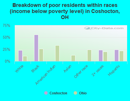 Breakdown of poor residents within races (income below poverty level) in Coshocton, OH