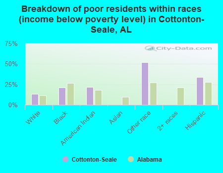 Breakdown of poor residents within races (income below poverty level) in Cottonton-Seale, AL