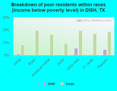 Breakdown of poor residents within races (income below poverty level) in DISH, TX