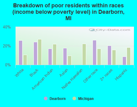 Breakdown of poor residents within races (income below poverty level) in Dearborn, MI