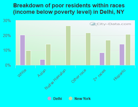 Breakdown of poor residents within races (income below poverty level) in Delhi, NY