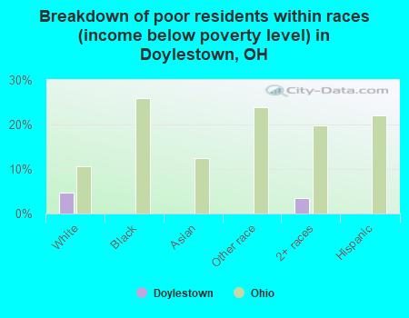 Breakdown of poor residents within races (income below poverty level) in Doylestown, OH