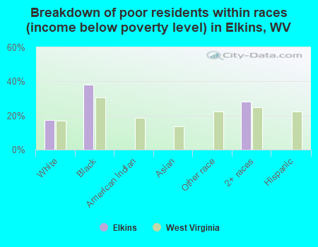 Breakdown of poor residents within races (income below poverty level) in Elkins, WV