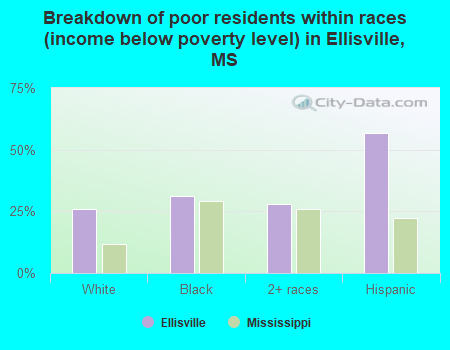 Breakdown of poor residents within races (income below poverty level) in Ellisville, MS