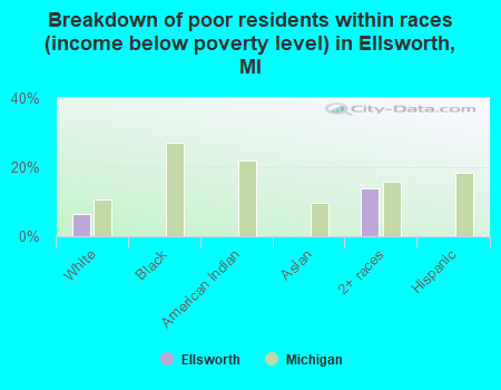 Breakdown of poor residents within races (income below poverty level) in Ellsworth, MI