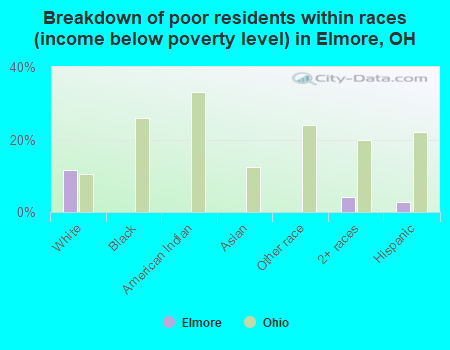 Breakdown of poor residents within races (income below poverty level) in Elmore, OH