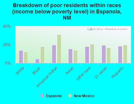 Breakdown of poor residents within races (income below poverty level) in Espanola, NM