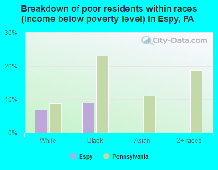 Breakdown of poor residents within races (income below poverty level) in Espy, PA
