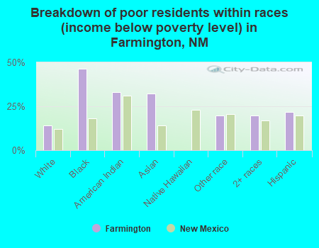 Breakdown of poor residents within races (income below poverty level) in Farmington, NM