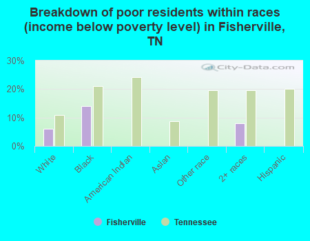 Breakdown of poor residents within races (income below poverty level) in Fisherville, TN