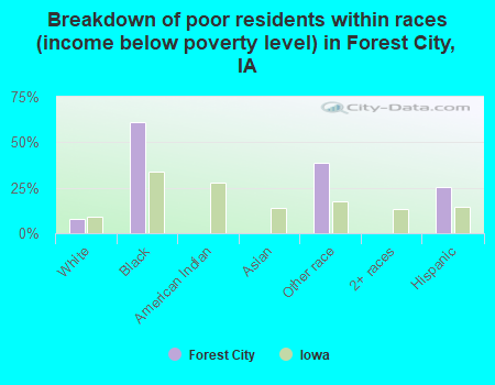 Breakdown of poor residents within races (income below poverty level) in Forest City, IA