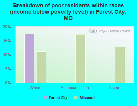 Breakdown of poor residents within races (income below poverty level) in Forest City, MO