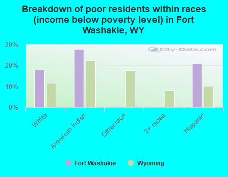 Breakdown of poor residents within races (income below poverty level) in Fort Washakie, WY