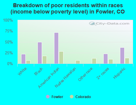 Breakdown of poor residents within races (income below poverty level) in Fowler, CO