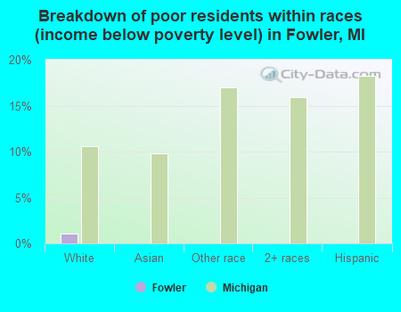 Breakdown of poor residents within races (income below poverty level) in Fowler, MI