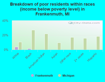 Breakdown of poor residents within races (income below poverty level) in Frankenmuth, MI
