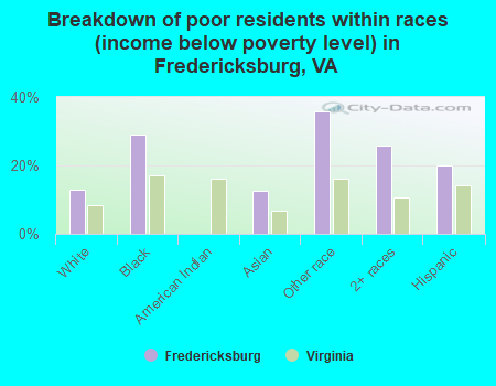 Breakdown of poor residents within races (income below poverty level) in Fredericksburg, VA