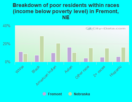 Breakdown of poor residents within races (income below poverty level) in Fremont, NE