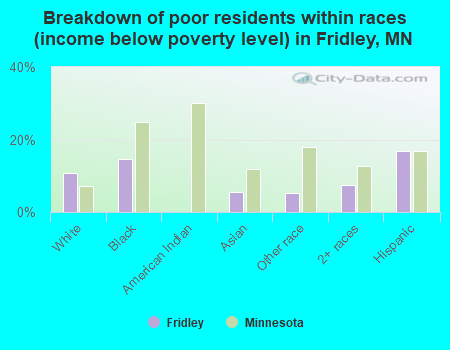 Breakdown of poor residents within races (income below poverty level) in Fridley, MN