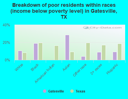 Breakdown of poor residents within races (income below poverty level) in Gatesville, TX