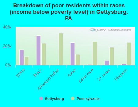 Breakdown of poor residents within races (income below poverty level) in Gettysburg, PA