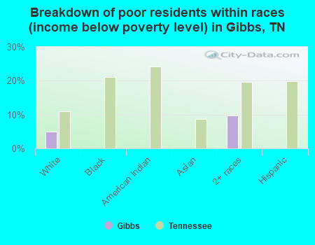 Breakdown of poor residents within races (income below poverty level) in Gibbs, TN