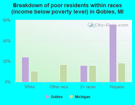 Breakdown of poor residents within races (income below poverty level) in Gobles, MI